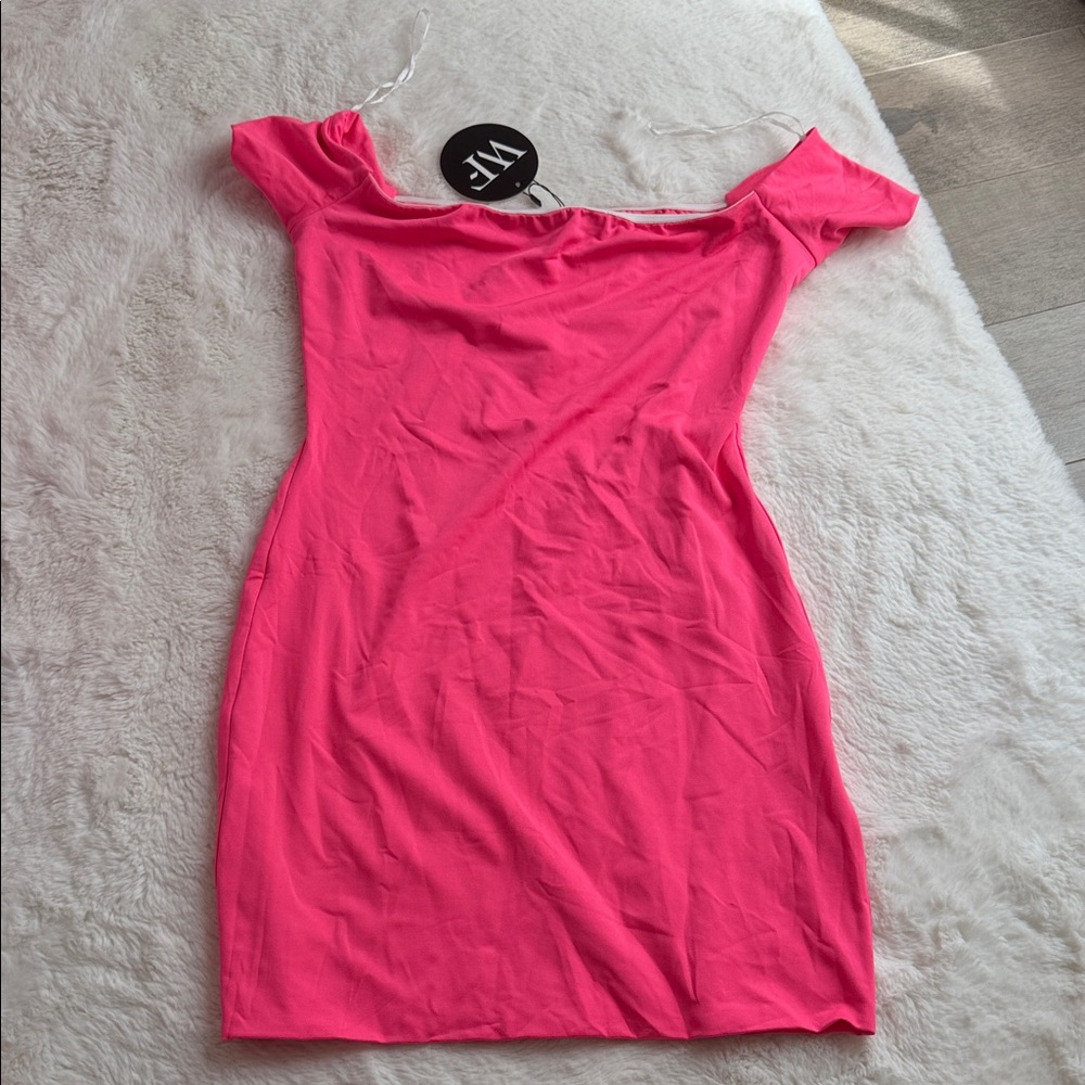 White Fox Boutique Hot Pink Off-Shoulder Mini Dress